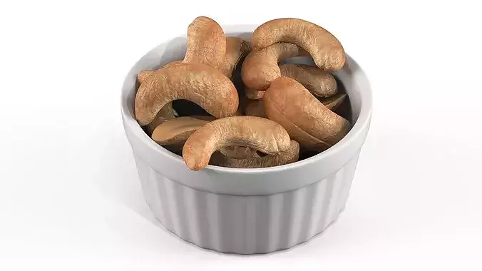 Roasted Cashew Nuts in Ceramic Bowl White 3D model 2