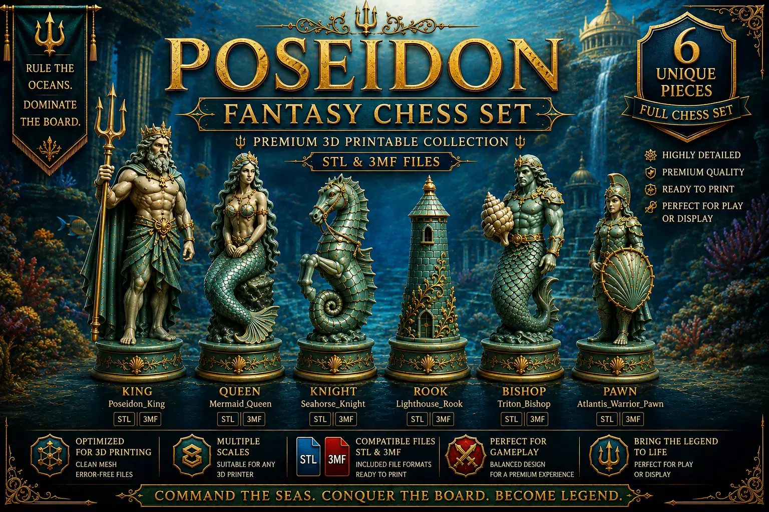 Poseidon Fantasy Chess Set 3D print model