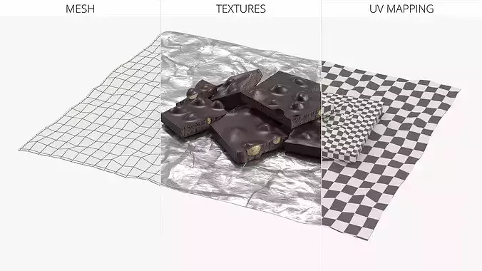 Dark Broken Nut Chocolate Pieces on Foil Sheet 3D model 7