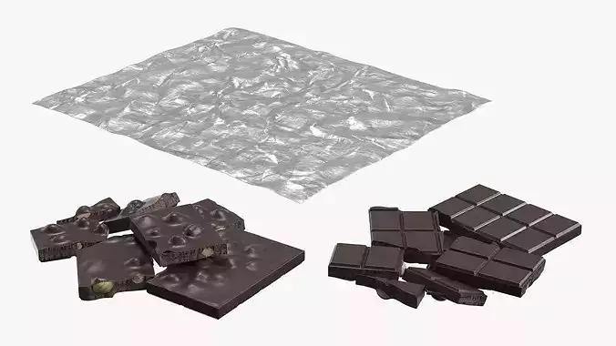 Dark Broken Nut Chocolate Pieces on Foil Sheet 3D model 5