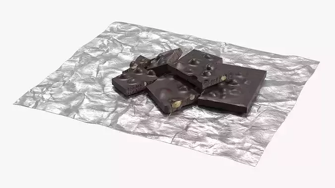 Dark Broken Nut Chocolate Pieces on Foil Sheet 3D model