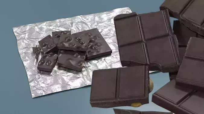 Dark Broken Nut Chocolate Pieces on Foil Sheet 3D model 2