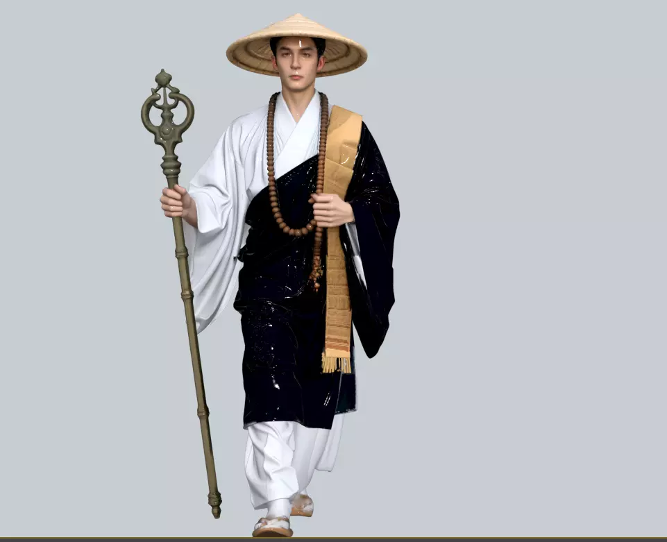 B55- Japanese monk holding a tin cane and wearing a bamboo hat 3D model