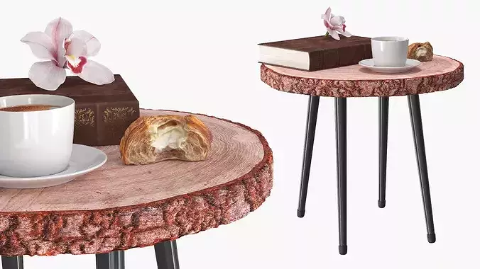 Wood Slab Coffee Table with Cup and Book 3D model 5