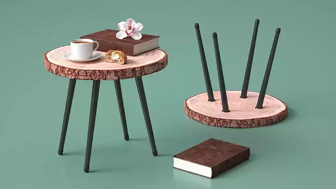 Wood Slab Coffee Table with Cup and Book 3D model 2