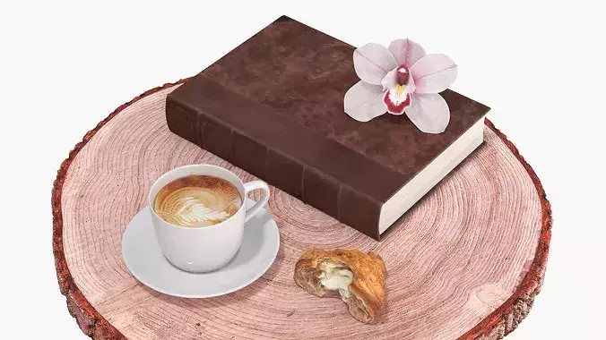 Wood Slab Coffee Table with Cup and Book 3D model 6