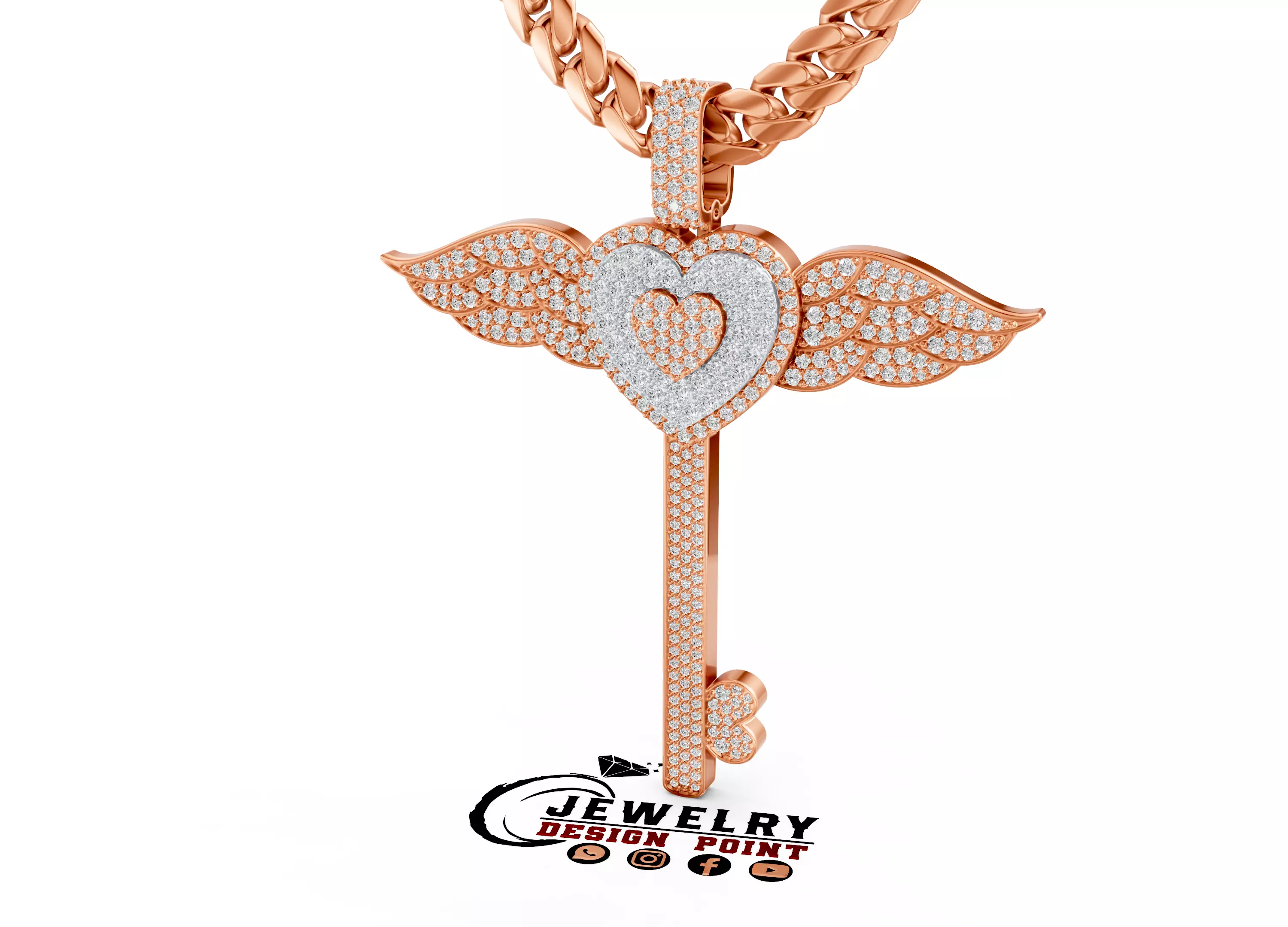 Custom Heart Lock Key Wings Diamond Pendant - Love Key Nacklace 3D print model