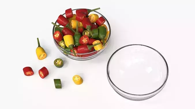 Mixed Chili Peppers in Glass Bowl Multicolor 3D model 7