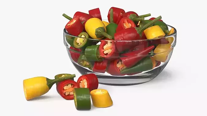 Mixed Chili Peppers in Glass Bowl Multicolor 3D model