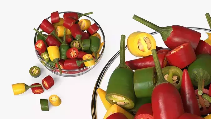 Mixed Chili Peppers in Glass Bowl Multicolor 3D model 3
