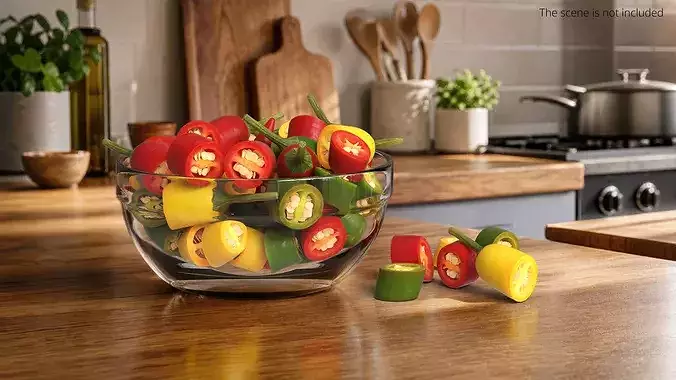 Mixed Chili Peppers in Glass Bowl Multicolor 3D model 2