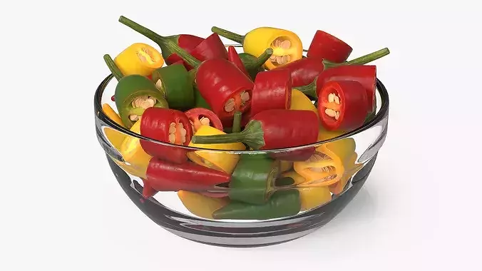 Mixed Chili Peppers in Glass Bowl Multicolor 3D model 4