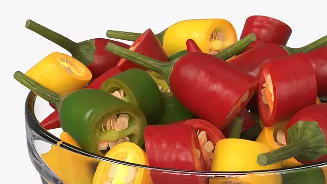 Mixed Chili Peppers in Glass Bowl Multicolor 3D model 6