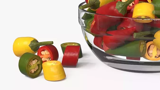 Mixed Chili Peppers in Glass Bowl Multicolor 3D model 5