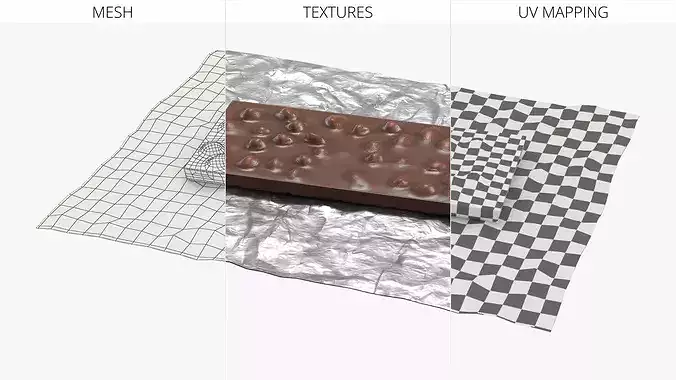 Chocolate Nut Bar on Foil Sheet Brown 3D model 7
