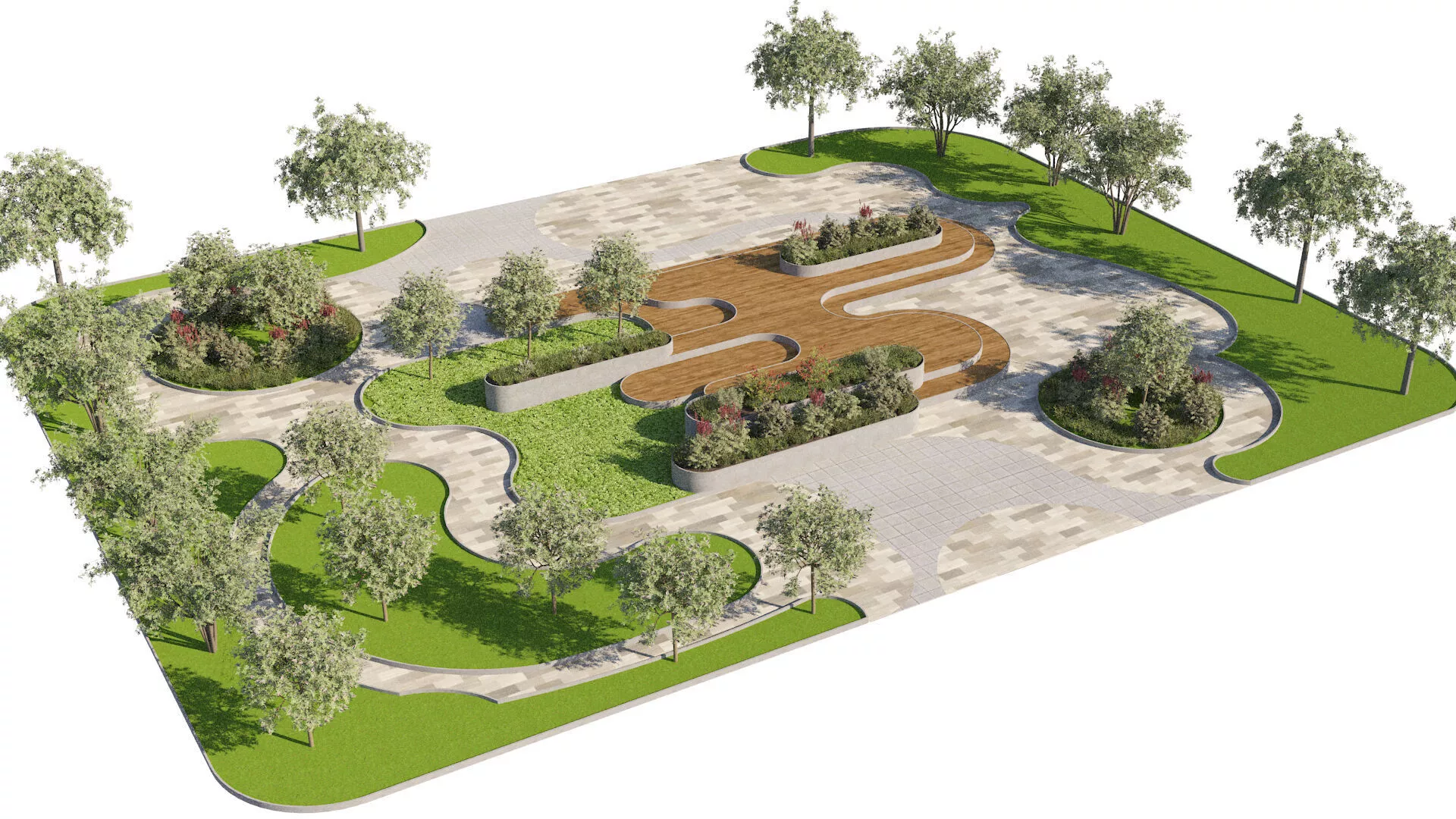 Contemporary Pocket Park and Pedestrian Square Environment Low-poly 3D model