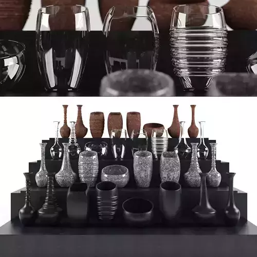 vases different and glasses on shelf