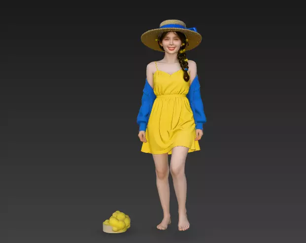 A Chinese girl wearing a straw hat 3D model