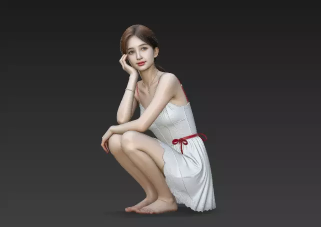 Chinese girl young woman squatting 1 Free 3D model