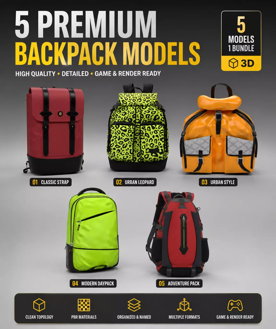 Backpacks combo 5 Low-poly 3D model