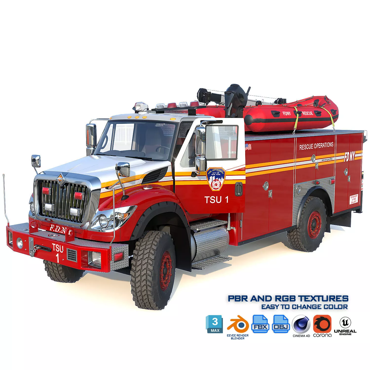 International 7600 FDNY Tactical Support Unit 1 Responding Low-poly 3D model