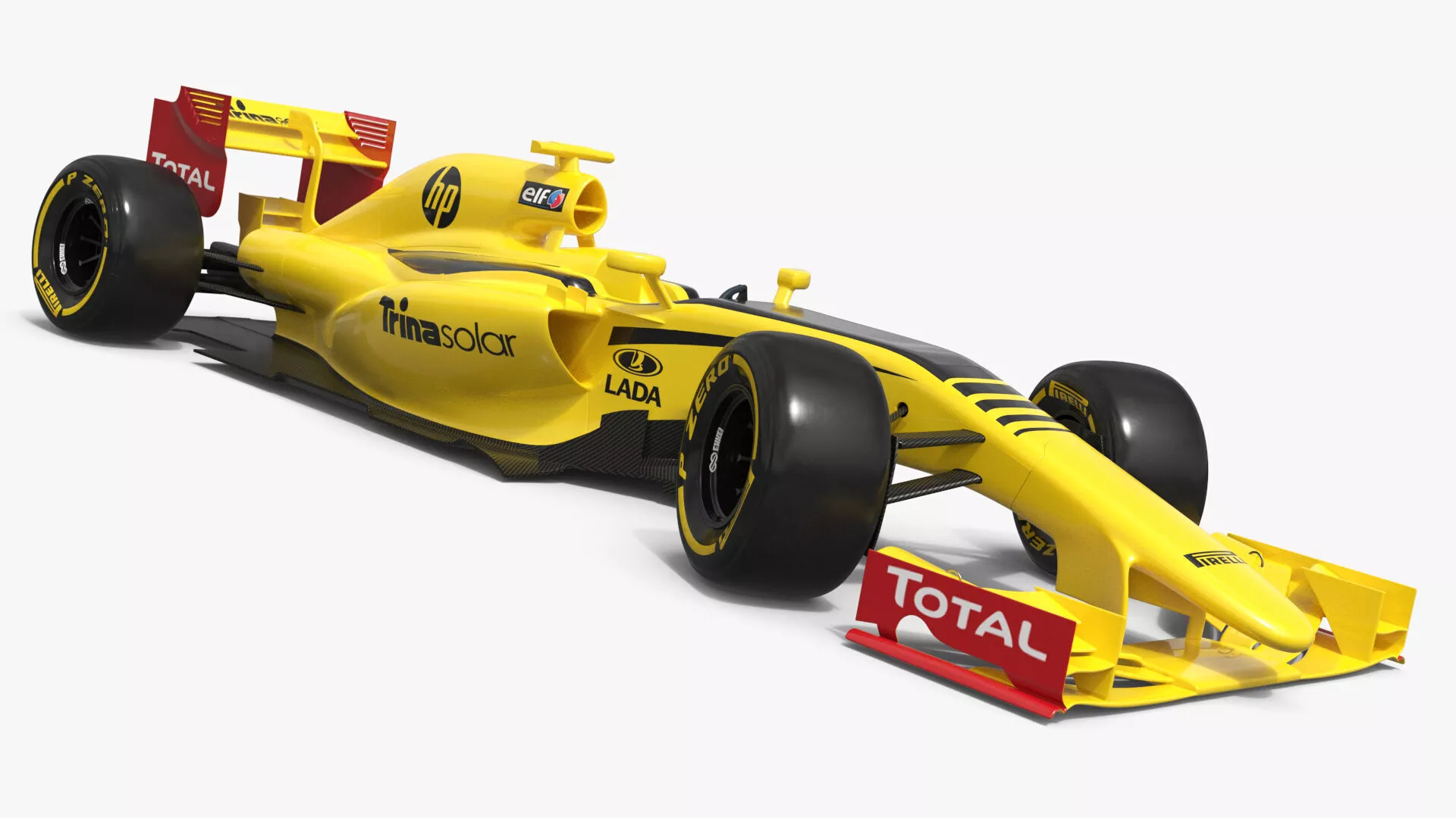 Yellow Formula One Car with Black Aero Trim Rigged for Cinema 4D 3D model