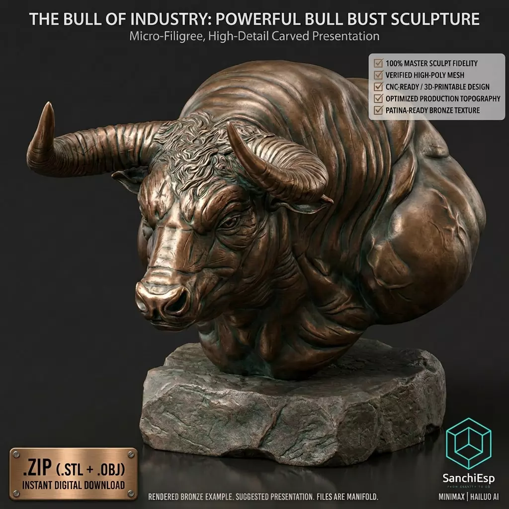 Powerful Bull Bust - High Detail STL 3D print model