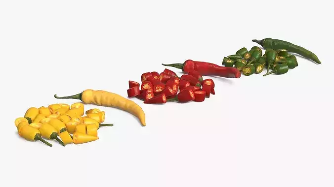 Whole Chili Peppers with Cut Segments Set Mixed 3D model