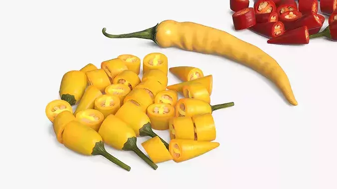 Whole Chili Peppers with Cut Segments Set Mixed 3D model 5