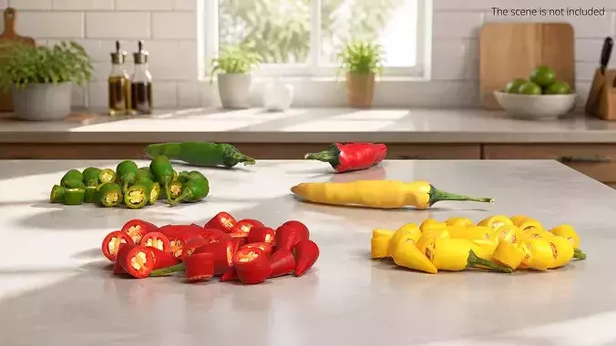 Whole Chili Peppers with Cut Segments Set Mixed 3D model 2