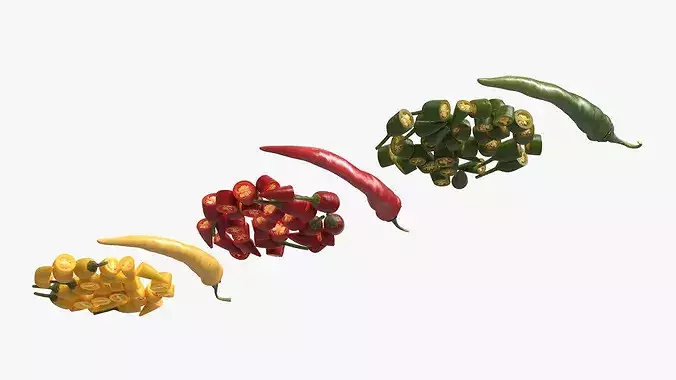 Whole Chili Peppers with Cut Segments Set Mixed 3D model 4