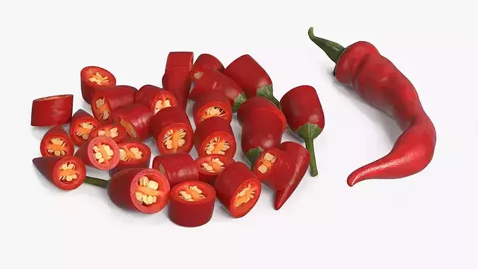 Whole Chili Peppers with Cut Segments Set Mixed 3D model 7