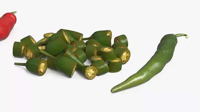 Whole Chili Peppers with Cut Segments Set Mixed 3D model 6