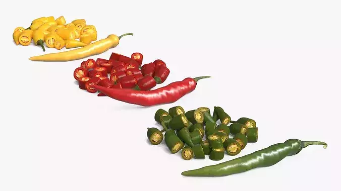 Whole Chili Peppers with Cut Segments Set Mixed 3D model 3