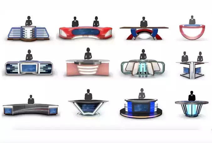 Virtual TV Studio News Desk Collection 12 Pieces 3D model