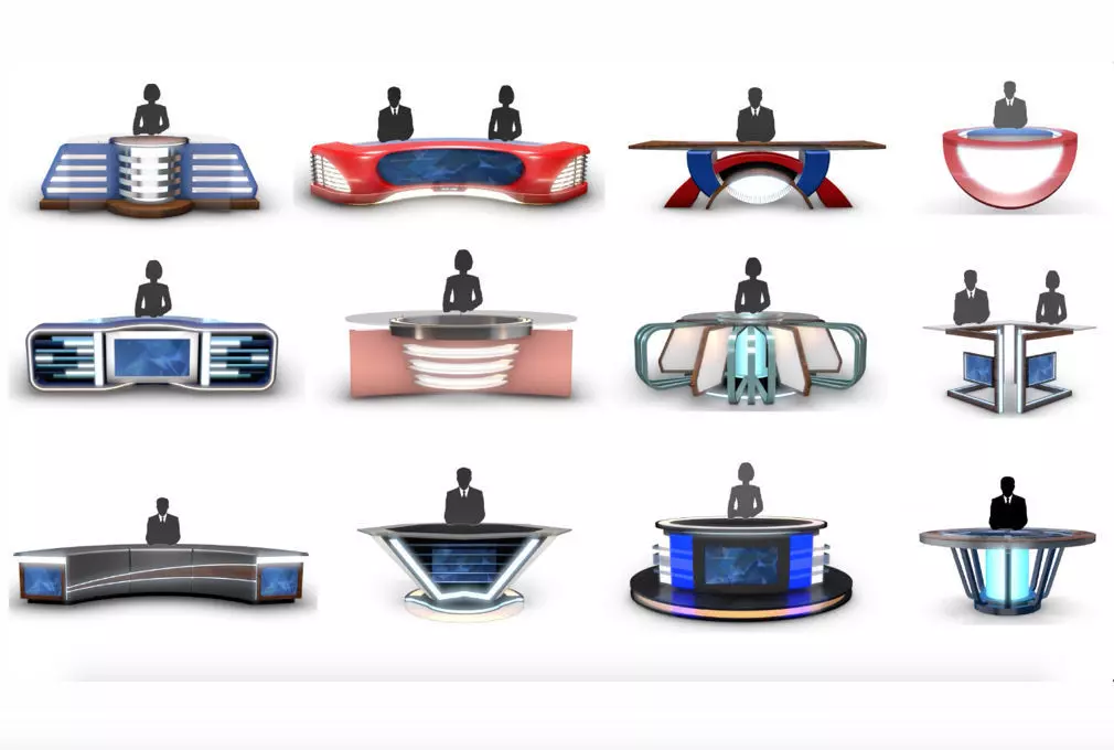 Virtual TV Studio News Desk Collection 12 Pieces 3D model_0
