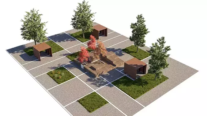 Modular Urban Plaza with Tiered Wooden Seating and Pocket Park