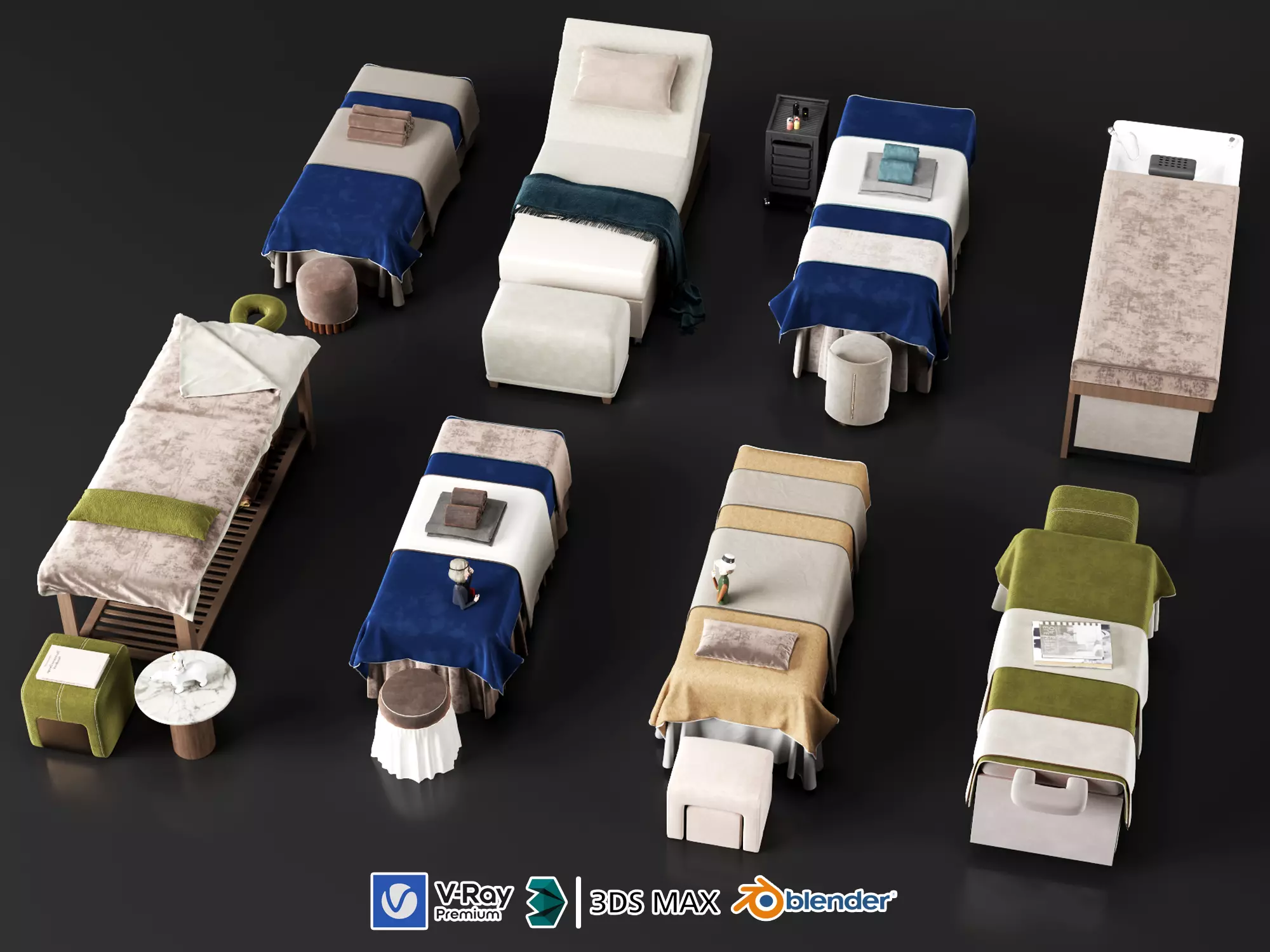 Spa Massage Beds and Shampoo Stations Low-poly 3D model