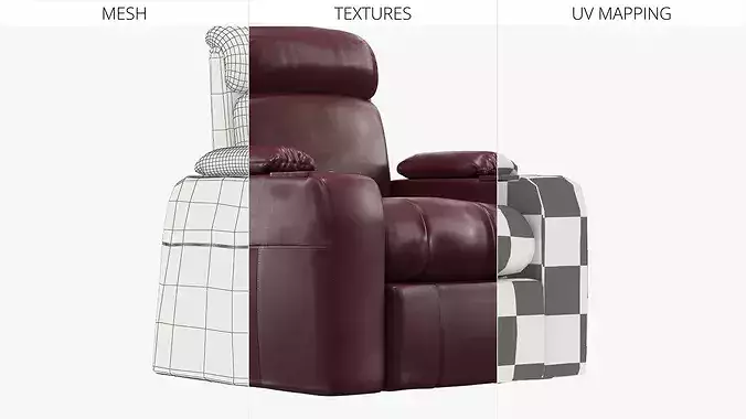Single-Seat Home Theater Recliner with Cup Holders Burgundy 3D model 7