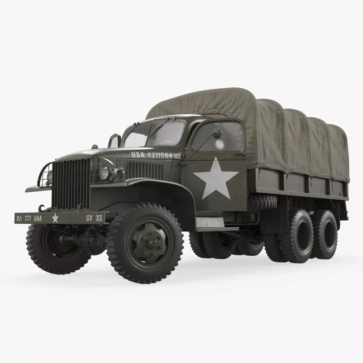 WWII GMC CCKW 6x6 Army Truck with Covered Bed Green Old Rigged 3D model