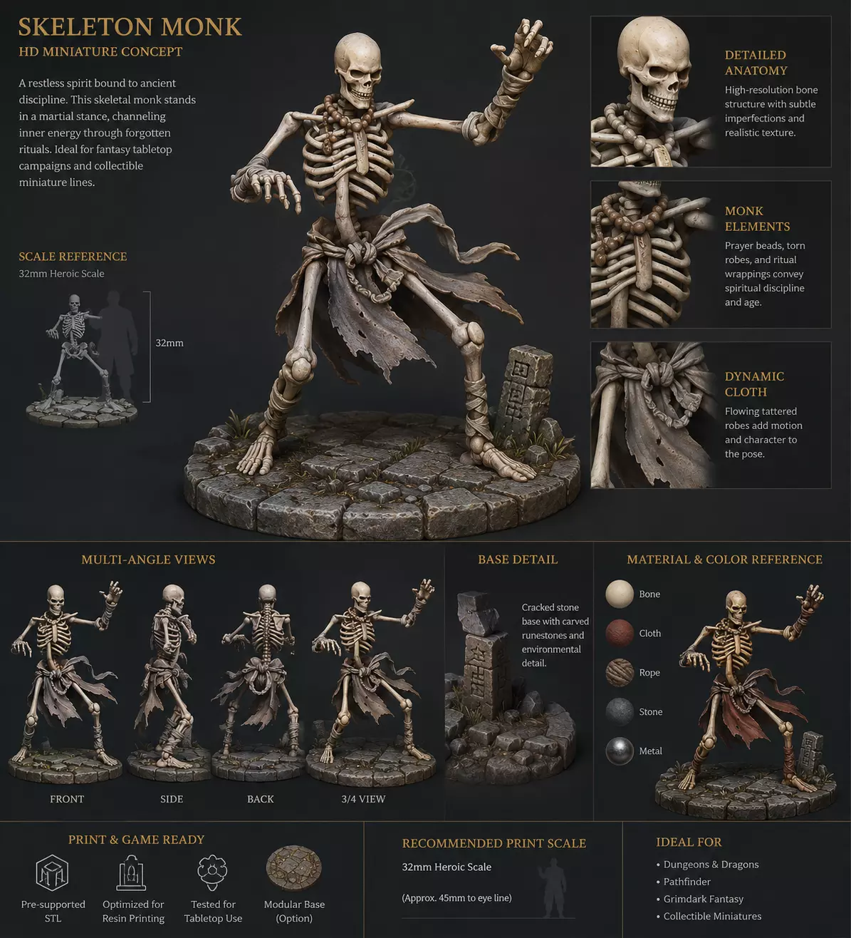 Skeleton Monk STL - Undead RPG Miniature - Commercial Use 3D print model
