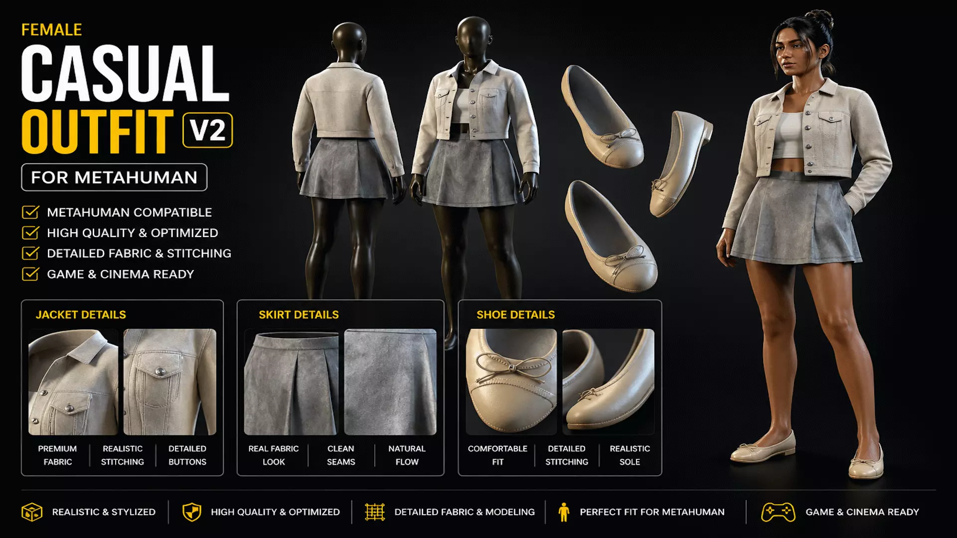 Female Casual Outfit v2 - Metahuman compatible Low-poly 3D model