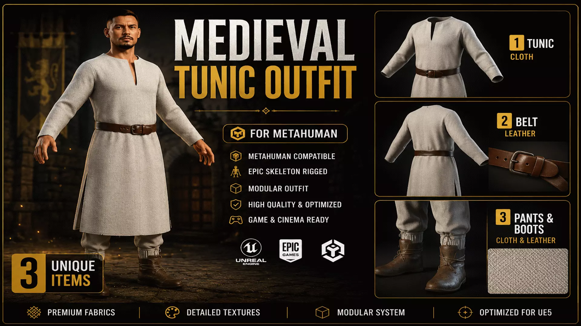 Medieval Tunic Outfit - Metahuman Compatible Low-poly 3D model