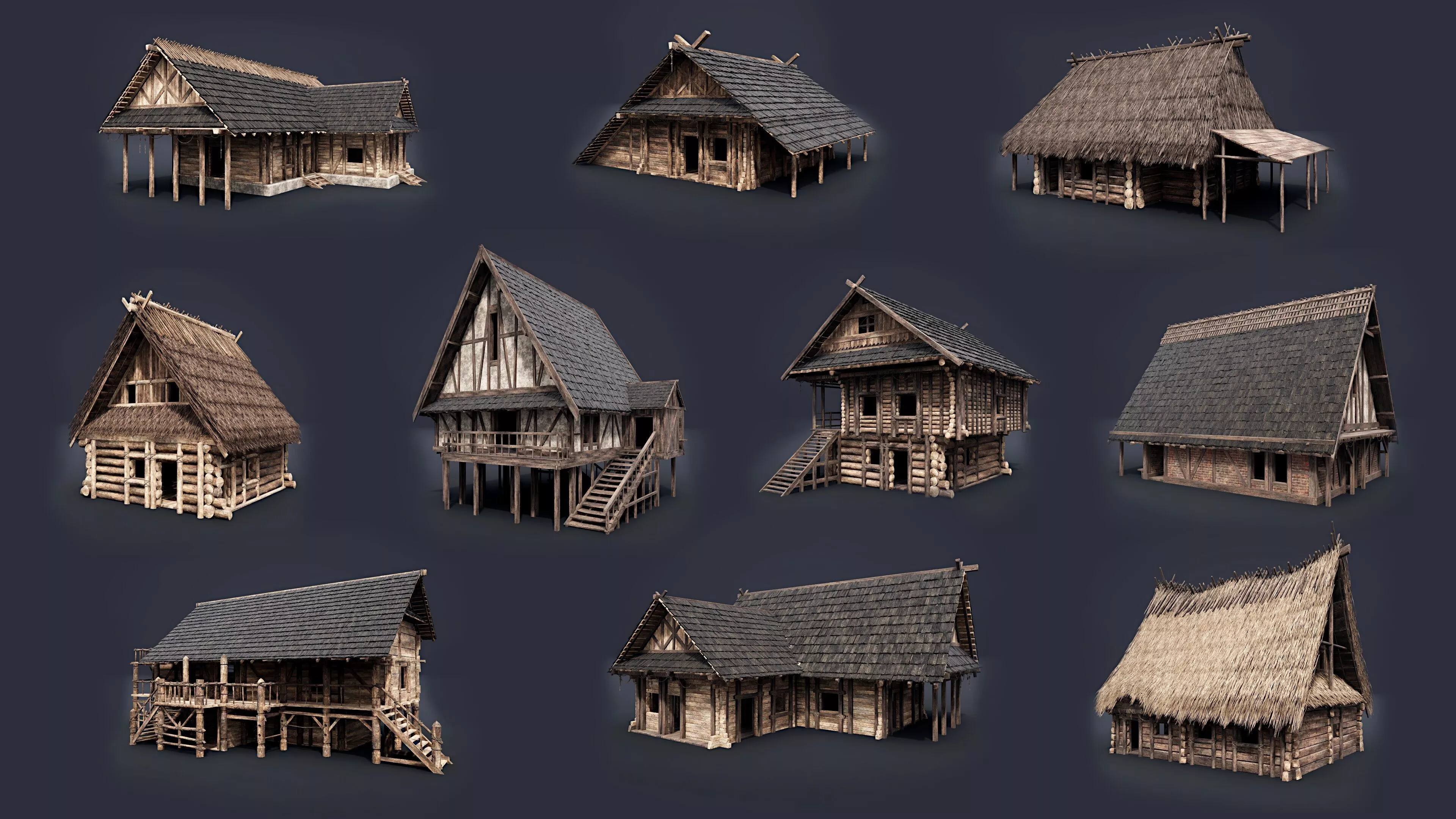 ENTERABLE MEDIEVAL HOUSE COTTAGE CABIN HUT VILLAGE PACK Low-poly 3D model
