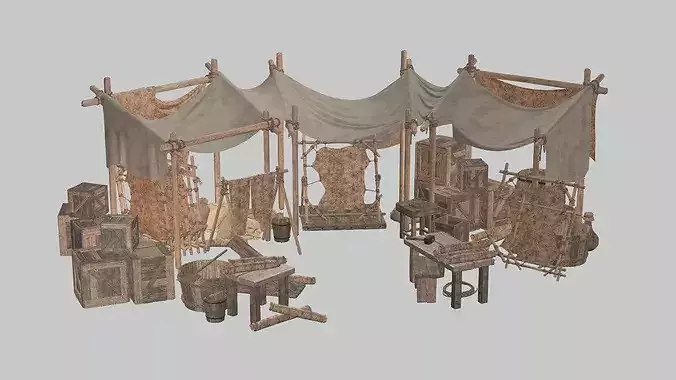 Medieval Market Stall Weapon Shop Low Poly 3D Model Low-poly 3D model 3