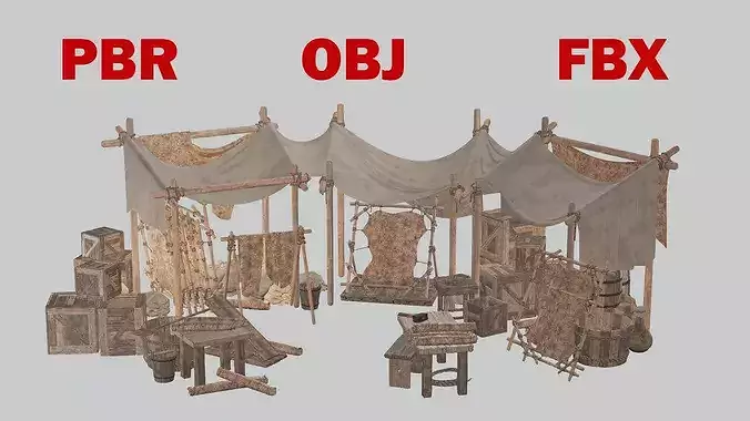 Medieval Market Stall Weapon Shop Low Poly 3D Model Low-poly 3D model
