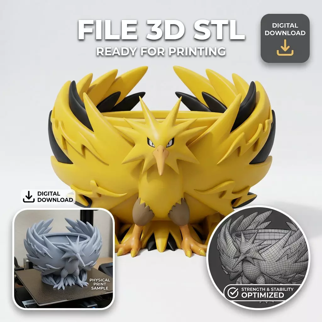 Zapdos Thunder Planter STL Legendary Pokemon Flower Pot 3D print model