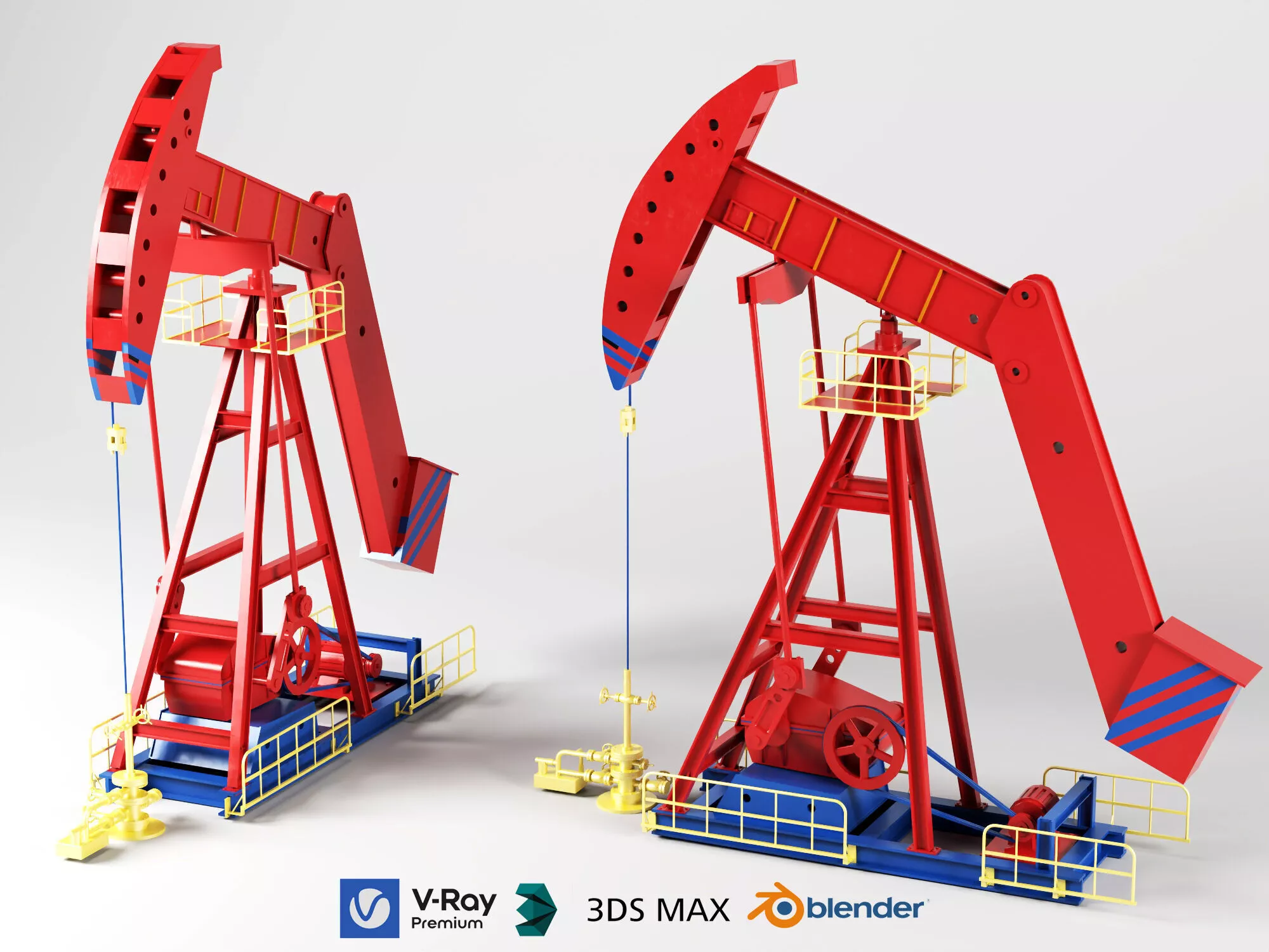 Red and blue pumping unit nodding donkey pump set Low-poly 3D model