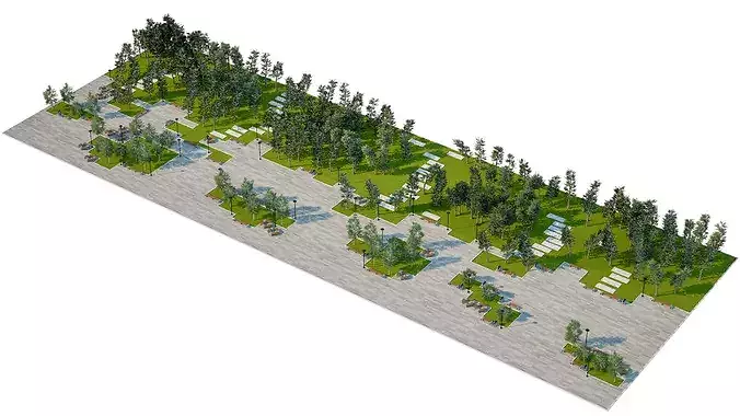 Modular Urban Plaza with Linear Park and Biophilic Seating