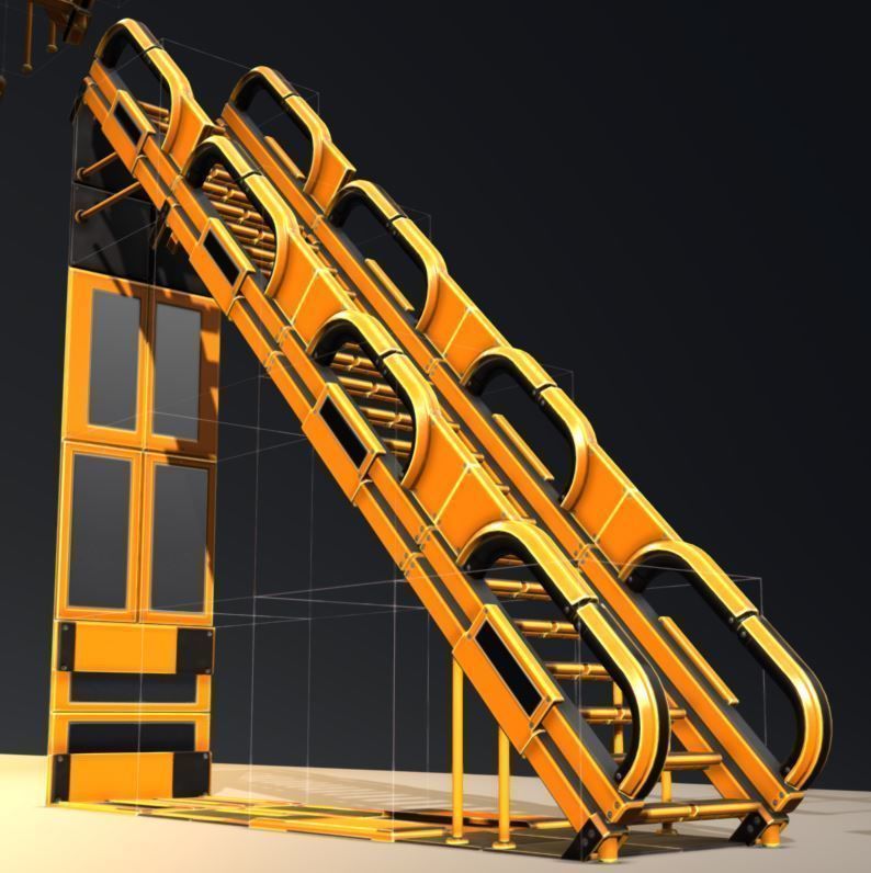Modular Stairs Collection Orange Painted Metal Low-poly 3D model_7